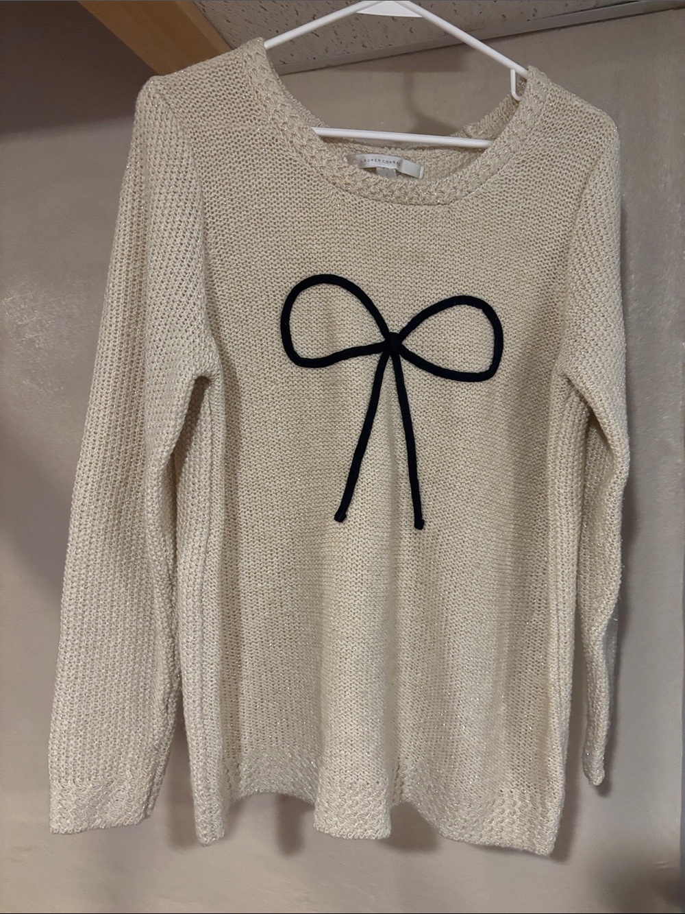 LC Lauren Conrad Cream Knit Sweater with Black Bow